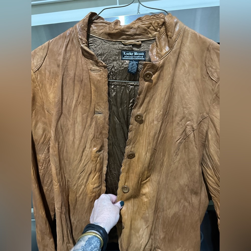 Lucky Brand Tan Leather Jacket with Mandarin Collar